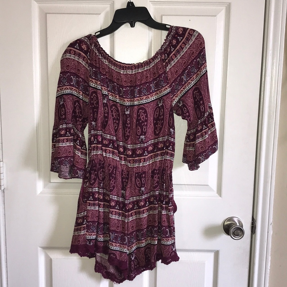 Purple romper with tie and pockets